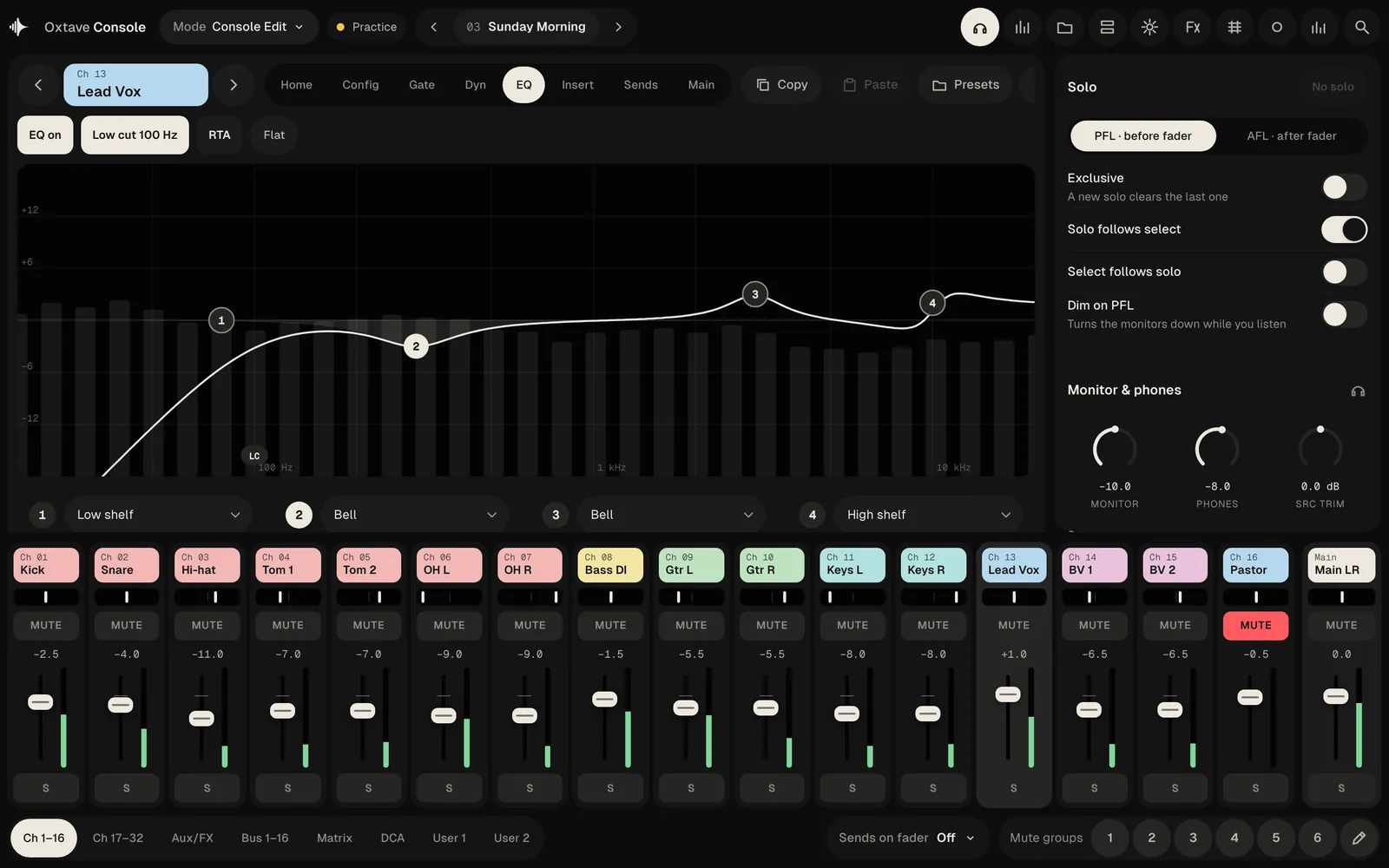Velton Console on a laptop: the Lead Vox channel's EQ above a row of 16 channel faders with meters.