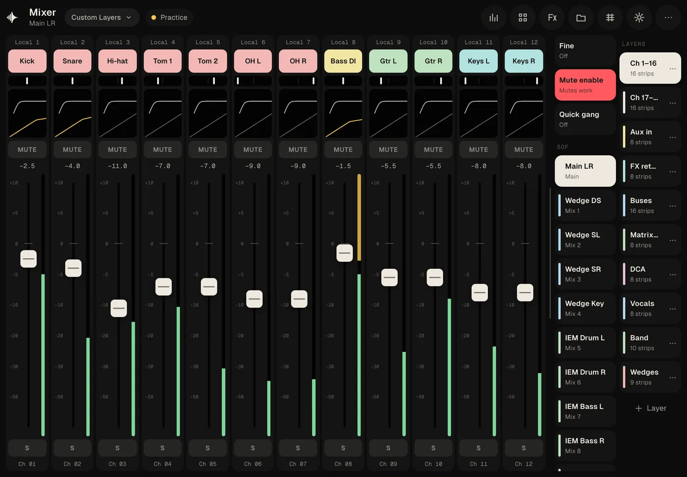 Custom Layers on a tablet: twelve faders with EQ curves, a list of mixes and a sidebar of layers such as Vocals, Band and Wedges.