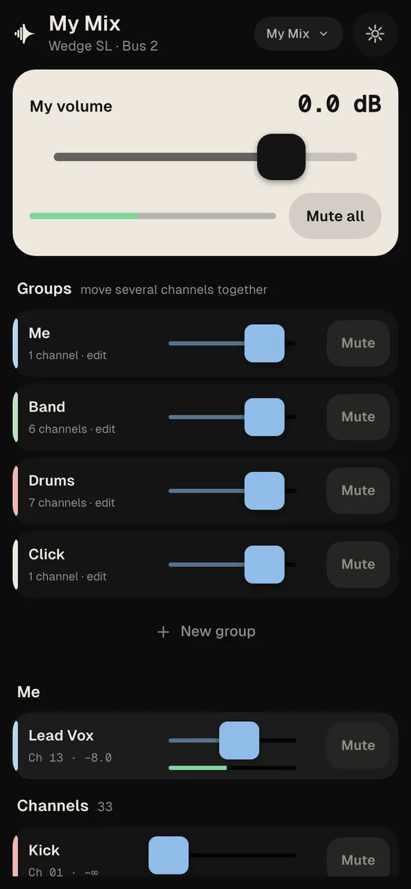 My Mix on a phone: the musician's own volume, groups for Me, Band, Drums and Click, and channel faders.