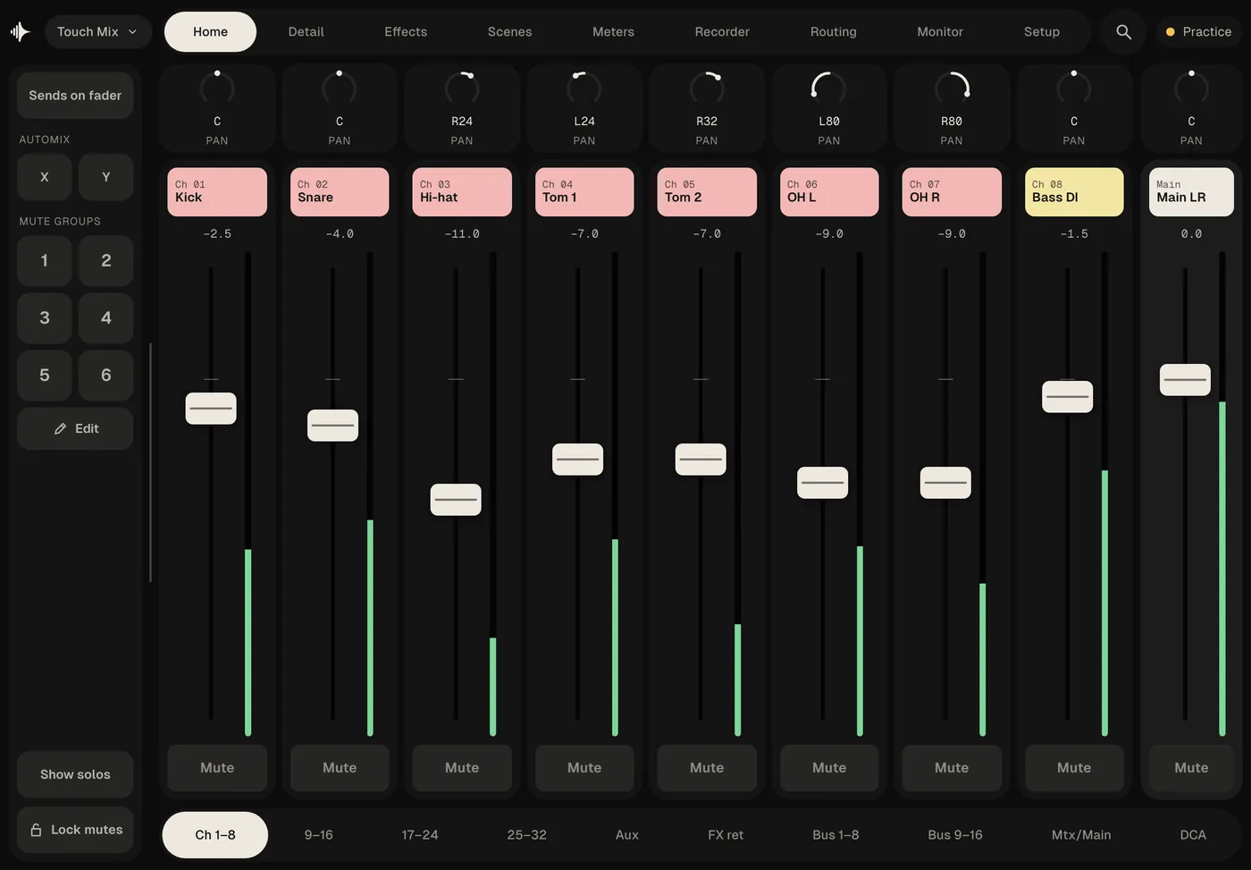 Touch Mix on a tablet: eight large faders with pan knobs, mute groups and bank tabs.