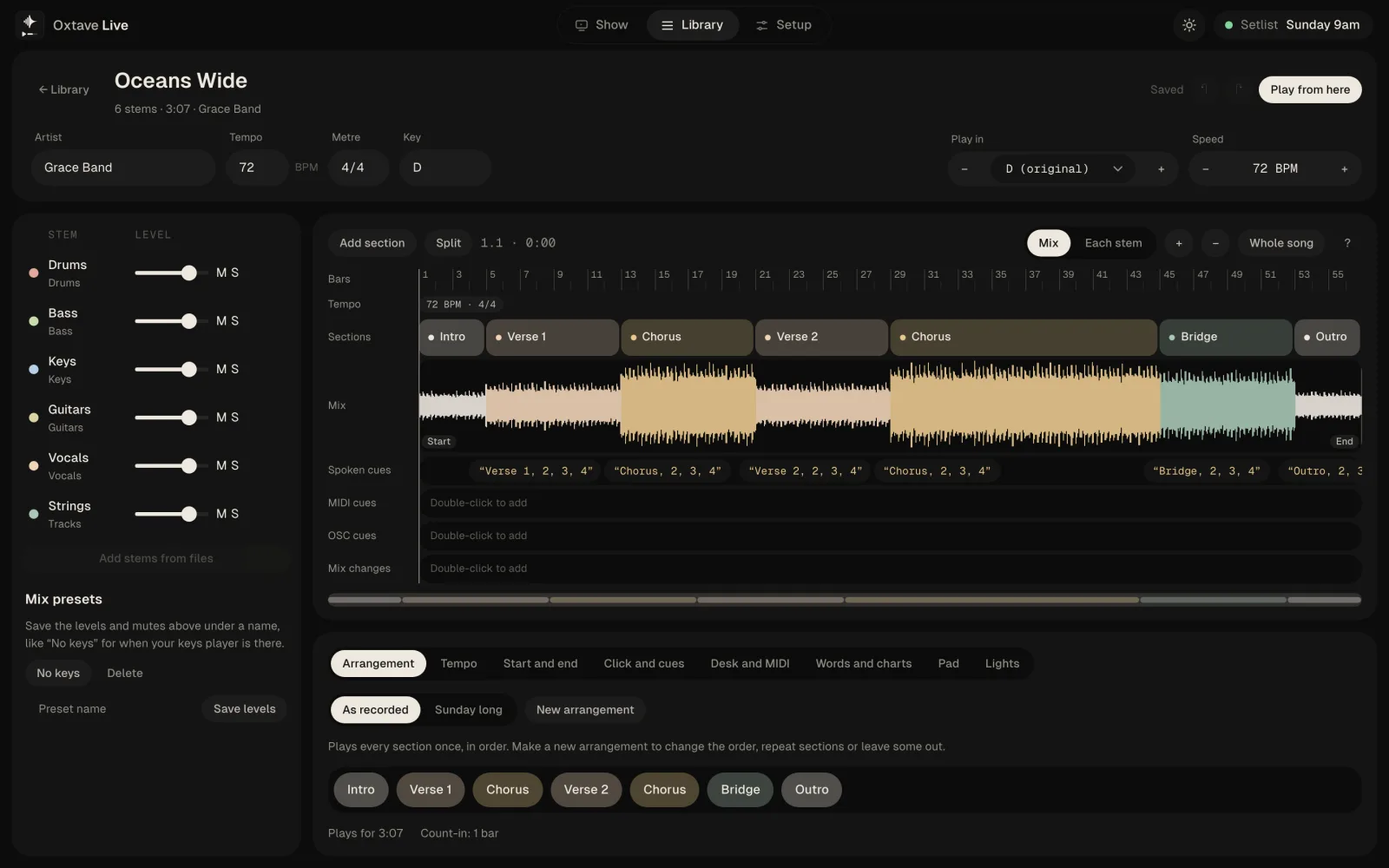 The song editor: stems with levels, a timeline with sections, waveform and spoken cues, and the arrangement below.