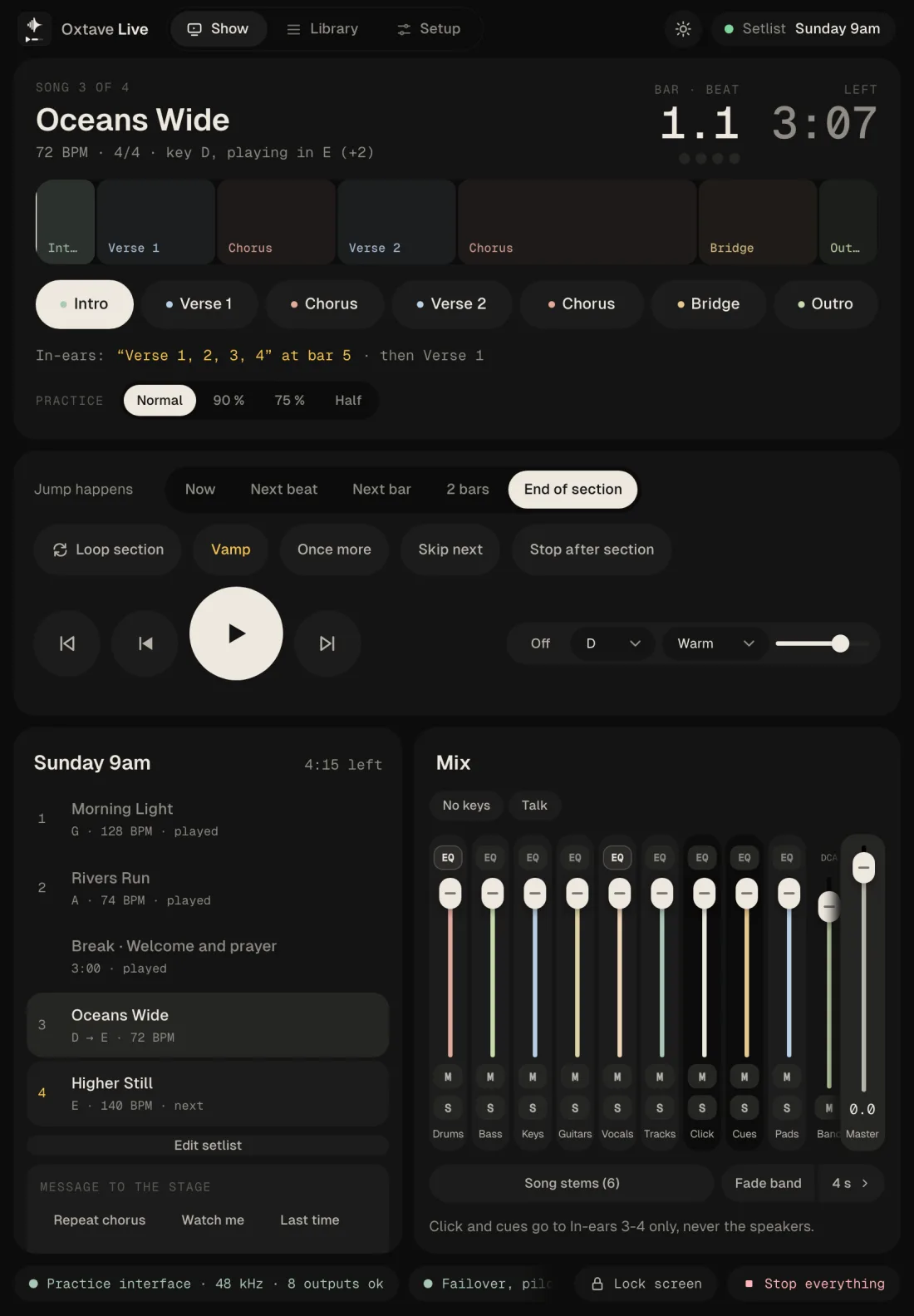 Velton Live on an iPad held upright: the song across the top, the setlist and mixer below.