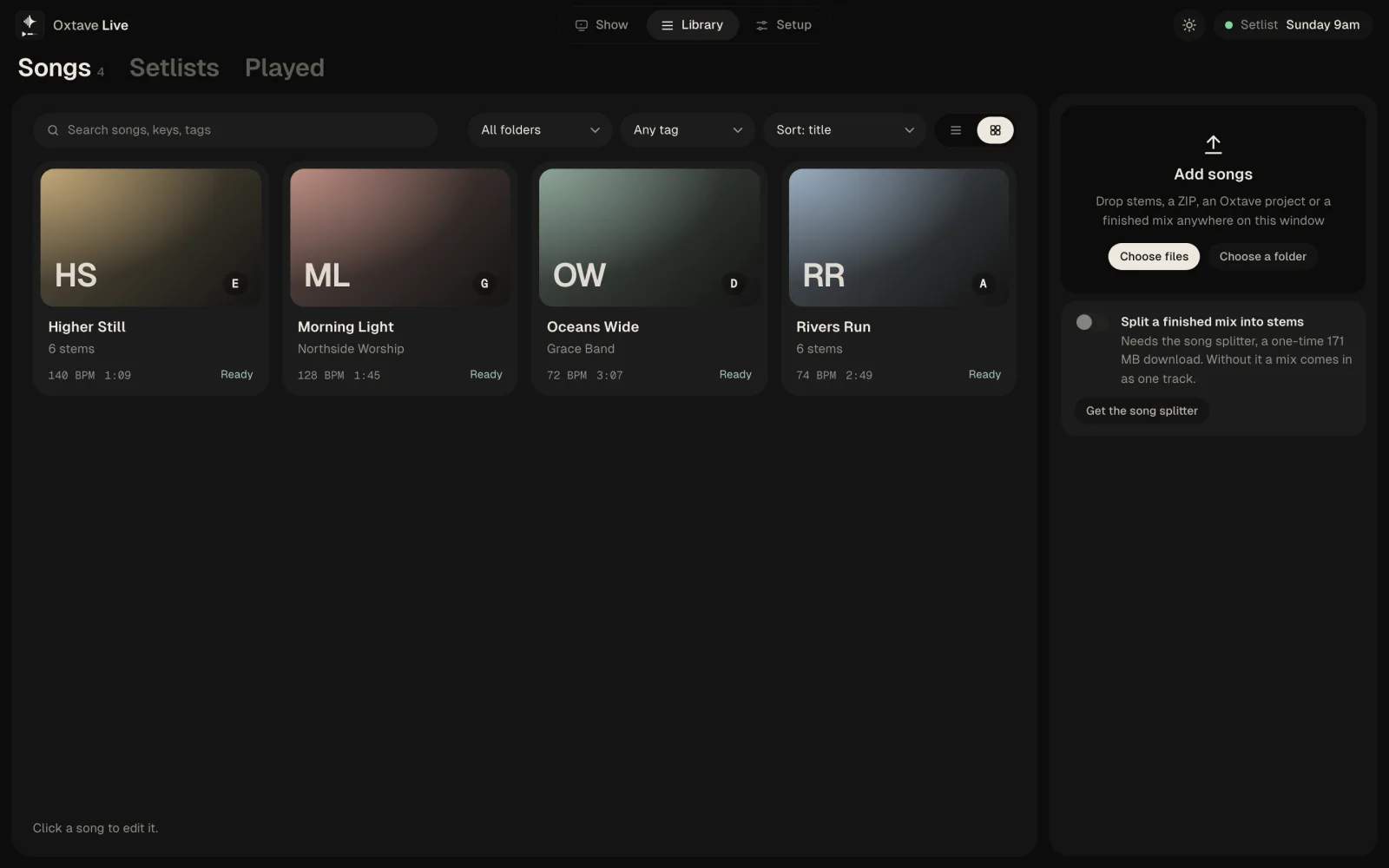 The Library: four songs as cards with their key, tempo and length, and an Add songs panel.