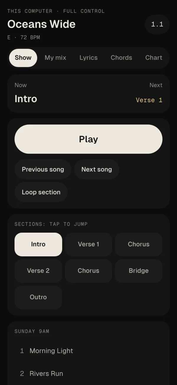 A musician's phone: the song, the section now and next, Play, and the sections to jump to.