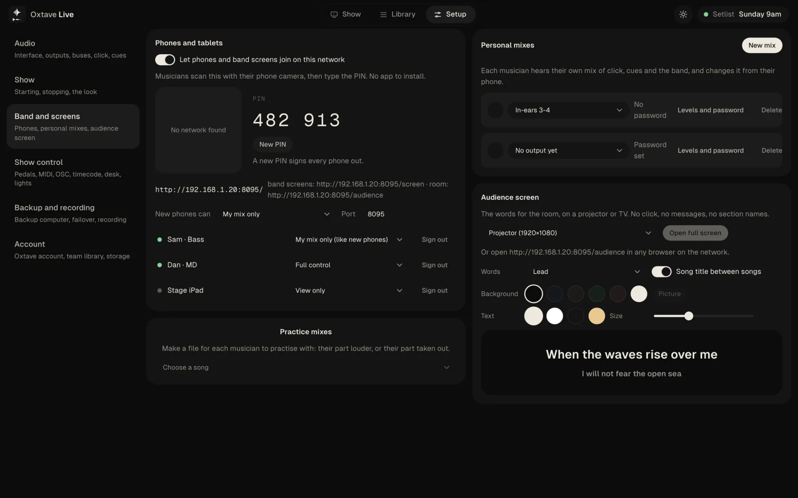 Setup: groups for audio, the show, band and screens, show control, backup and account down the left.