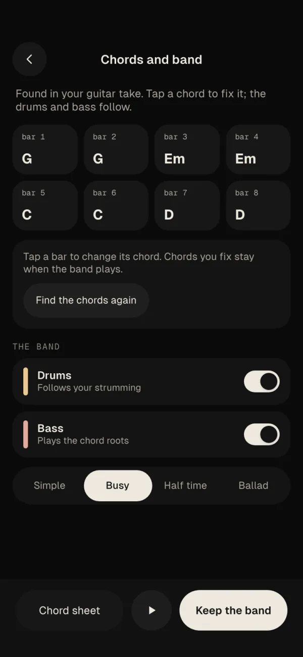 Chords and band: chords found in a guitar take, with drums and bass following.