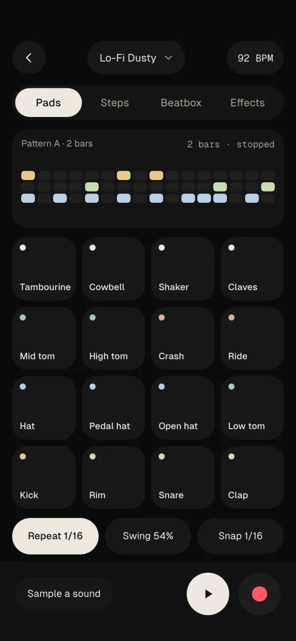 Beat pads: sixteen drum pads, a two-bar pattern, note repeat, swing and snap.