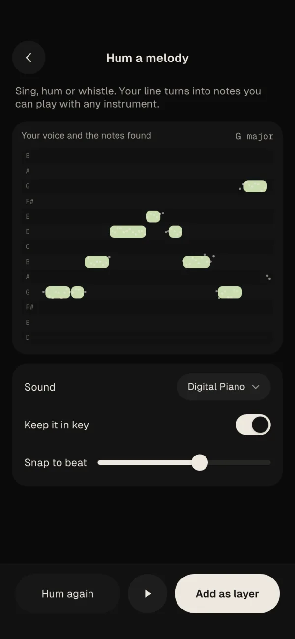 Hum a melody in Velton Sketch: a hummed line turned into notes in G major.