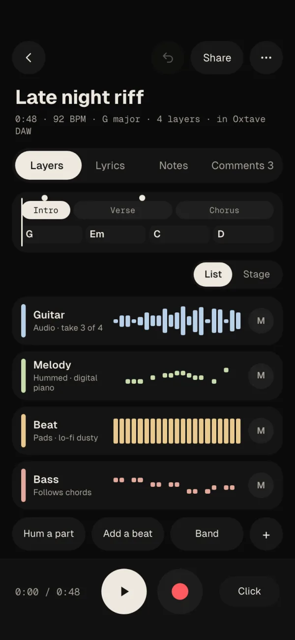 An idea in Velton Sketch with guitar, a hummed melody, a beat and a bass that follows the chords.