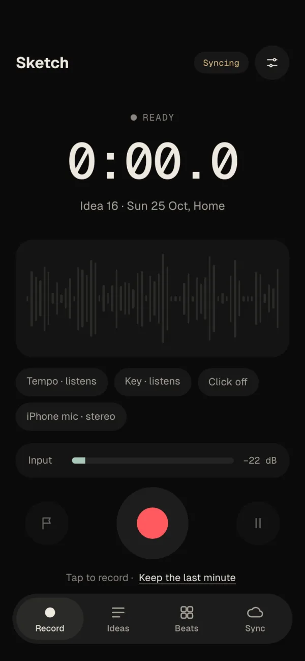 Velton Sketch's Record screen: the timer, the waveform and the record button.