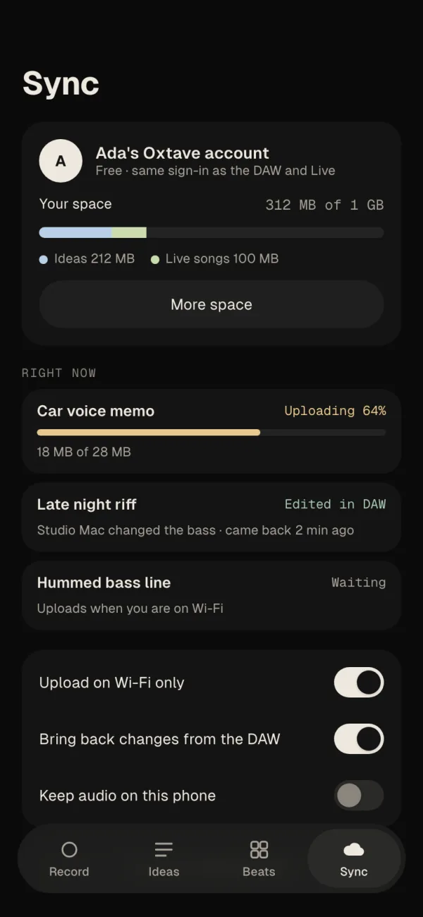 Sync: an idea uploading, one edited in the studio app, and one waiting for Wi-Fi.